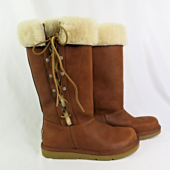 UGG Upside Boots  Size 9 Tall Leather Shearling Lace Up Chestnut Brown Flat Sole - Picture 1 of 9